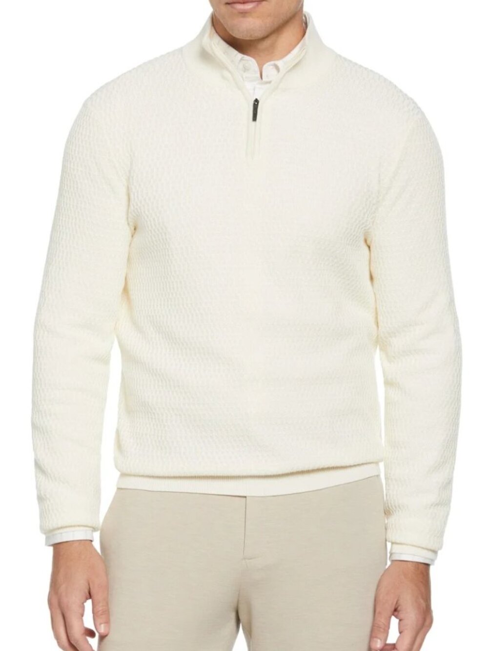 Perry Ellis Cream Ribbed Textured Qtr Zip Pullover